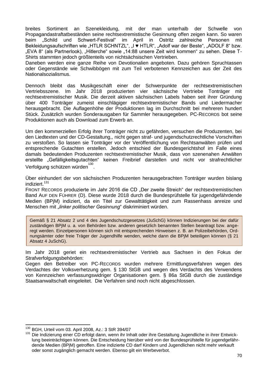 Seite 71 des Verfassungsschutzbericht 2018 Sachsen