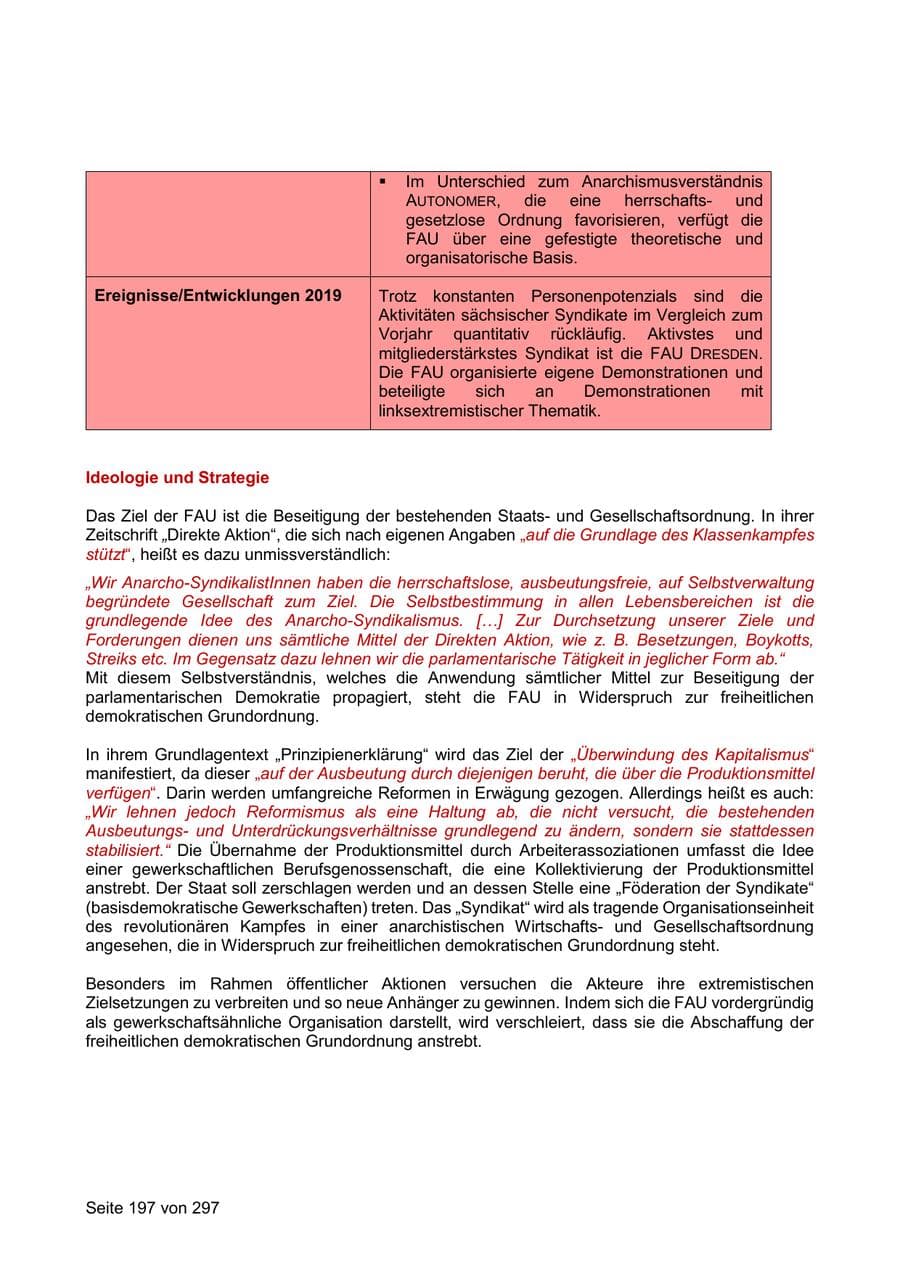 Seite 197 des Verfassungsschutzbericht 2019 Sachsen