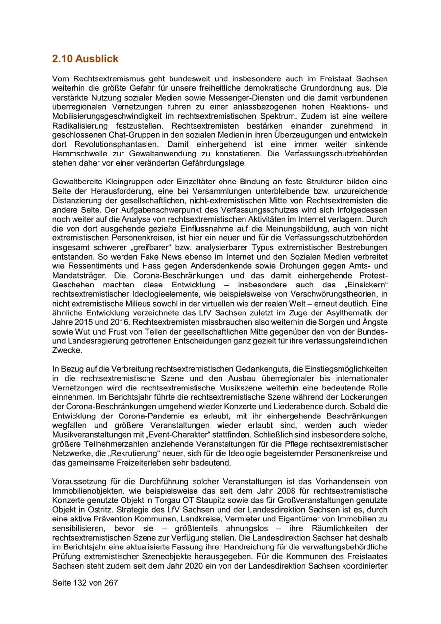 Seite 132 des Verfassungsschutzbericht 2020 Sachsen