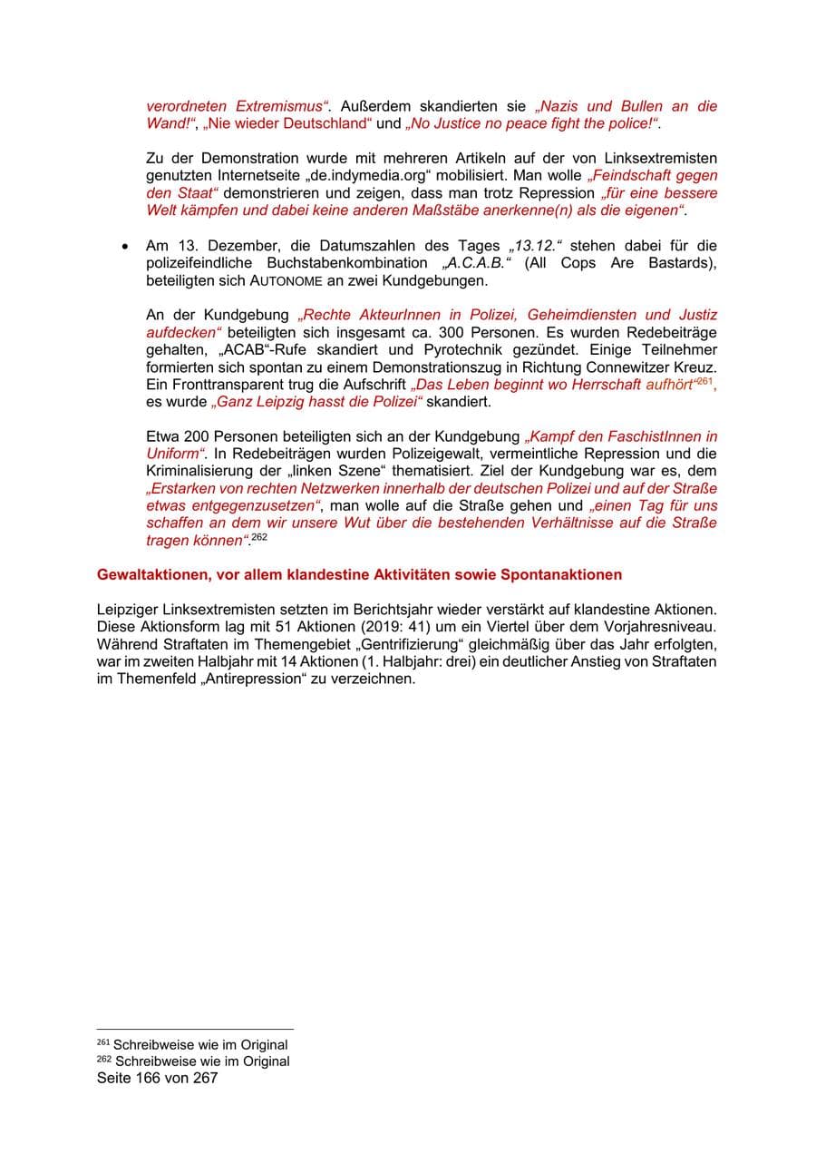 Seite 166 des Verfassungsschutzbericht 2020 Sachsen