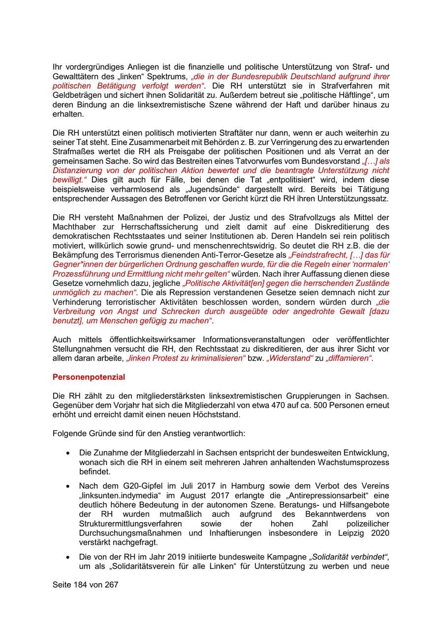 Seite 184 des Verfassungsschutzbericht 2020 Sachsen