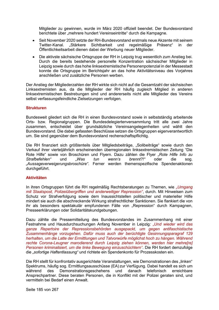 Seite 185 des Verfassungsschutzbericht 2020 Sachsen