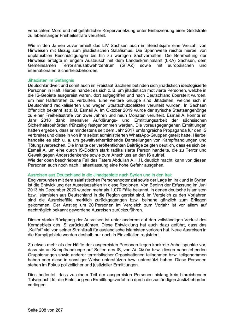 Seite 208 des Verfassungsschutzbericht 2020 Sachsen