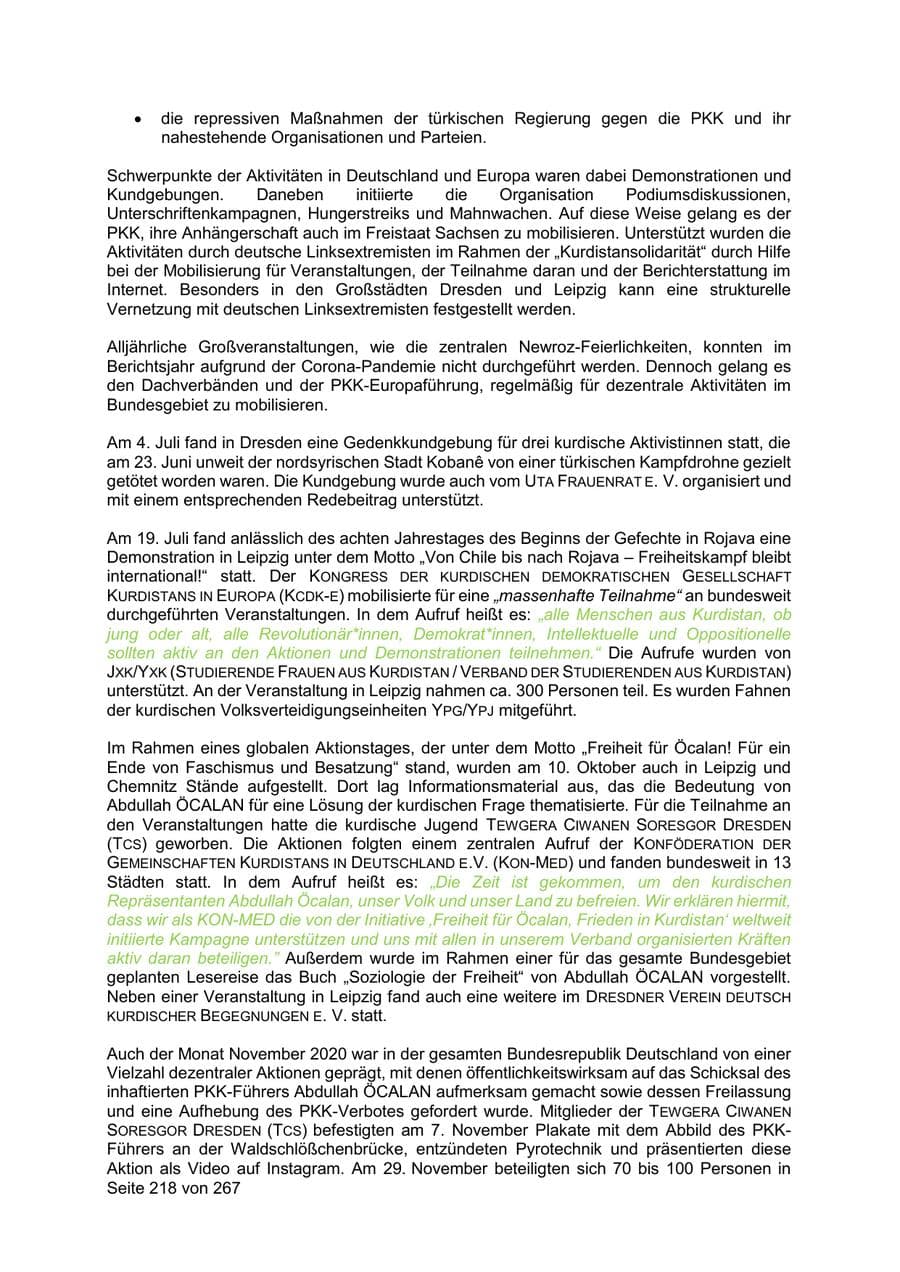 Seite 218 des Verfassungsschutzbericht 2020 Sachsen