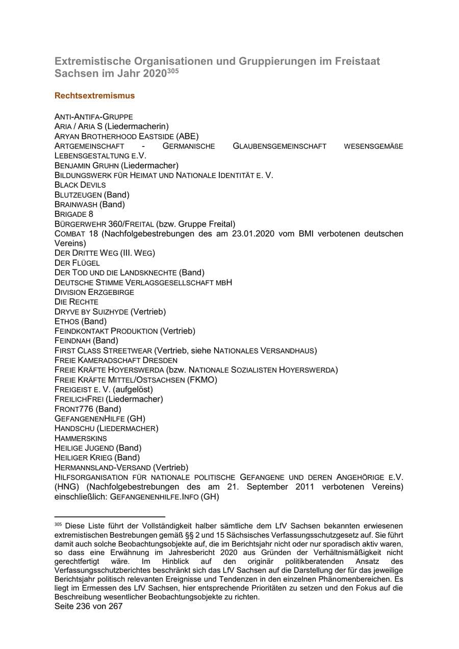Seite 236 des Verfassungsschutzbericht 2020 Sachsen
