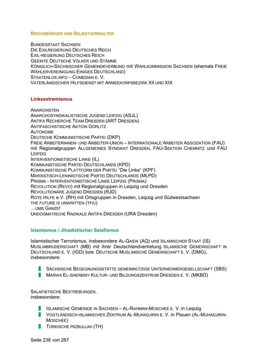 Seite 238 des Verfassungsschutzbericht 2020 Sachsen