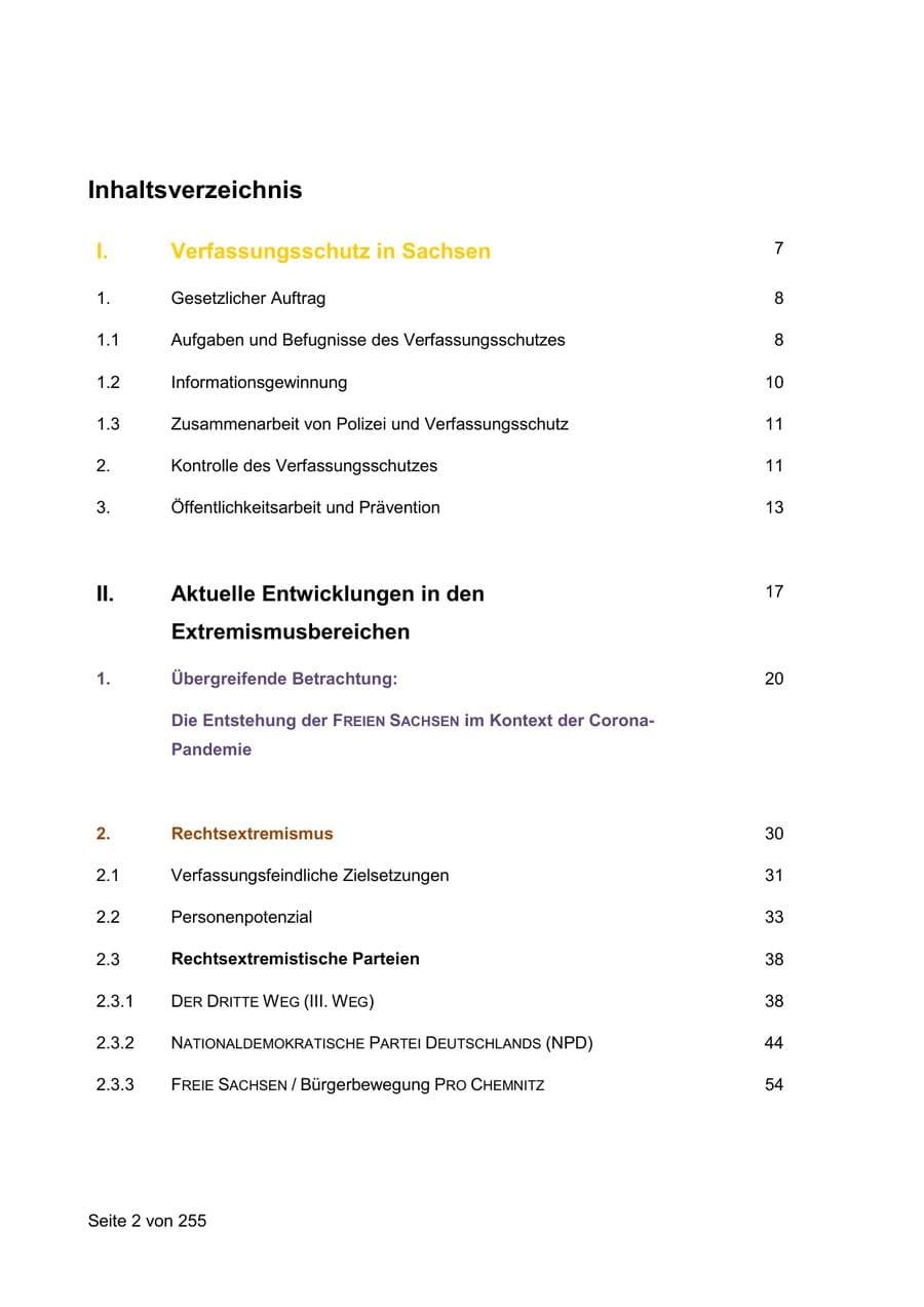 Seite 2 des Verfassungsschutzbericht 2021 Sachsen