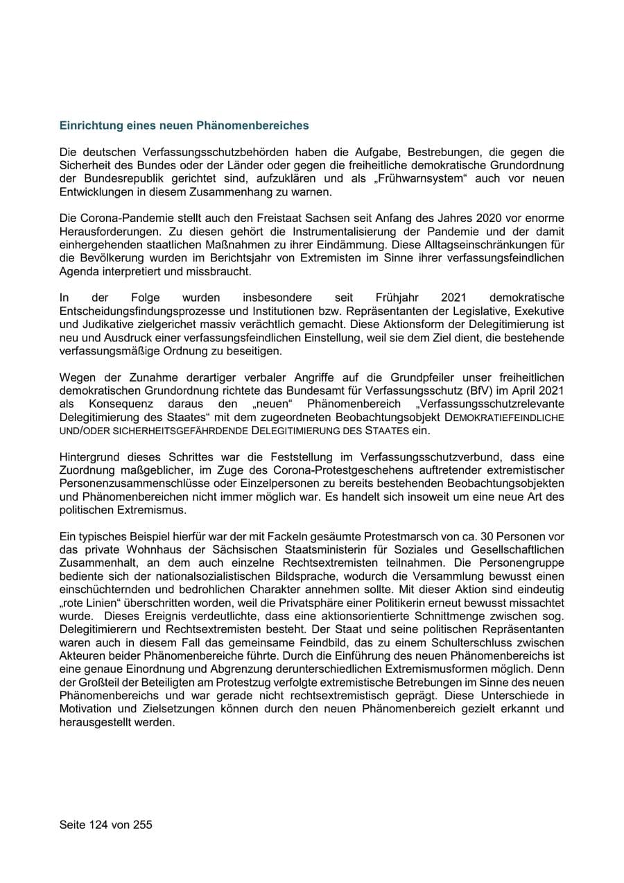 Seite 124 des Verfassungsschutzbericht 2021 Sachsen
