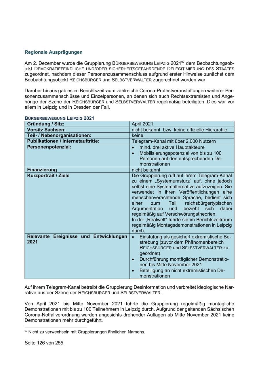 Seite 126 des Verfassungsschutzbericht 2021 Sachsen