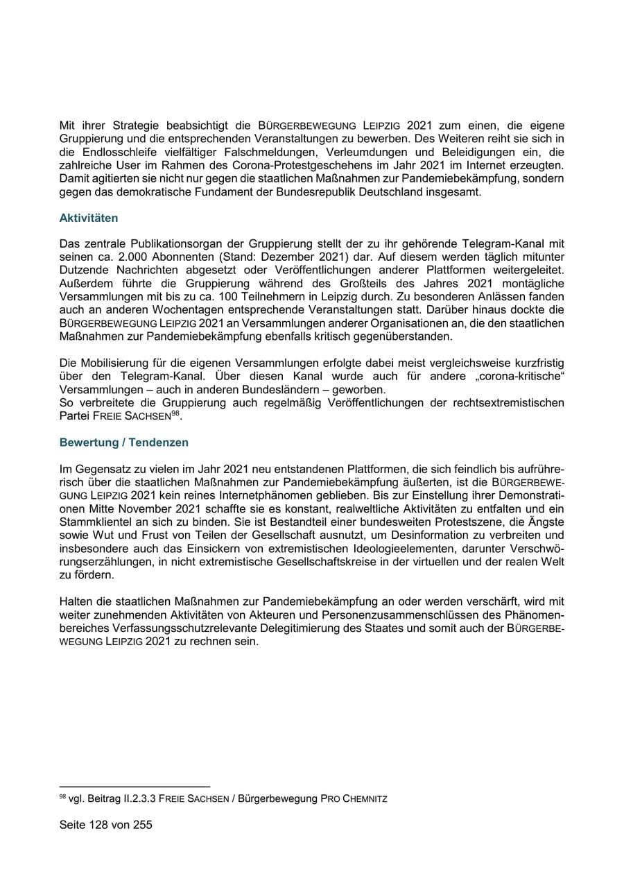 Seite 128 des Verfassungsschutzbericht 2021 Sachsen