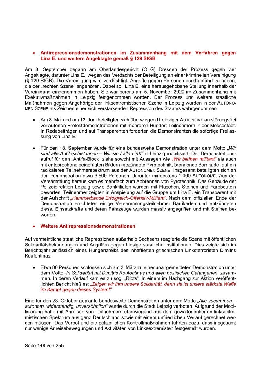 Seite 148 des Verfassungsschutzbericht 2021 Sachsen