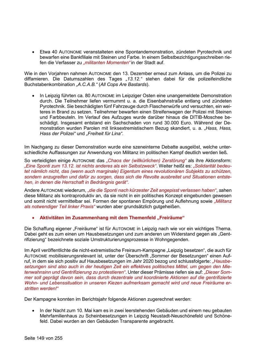 Seite 149 des Verfassungsschutzbericht 2021 Sachsen