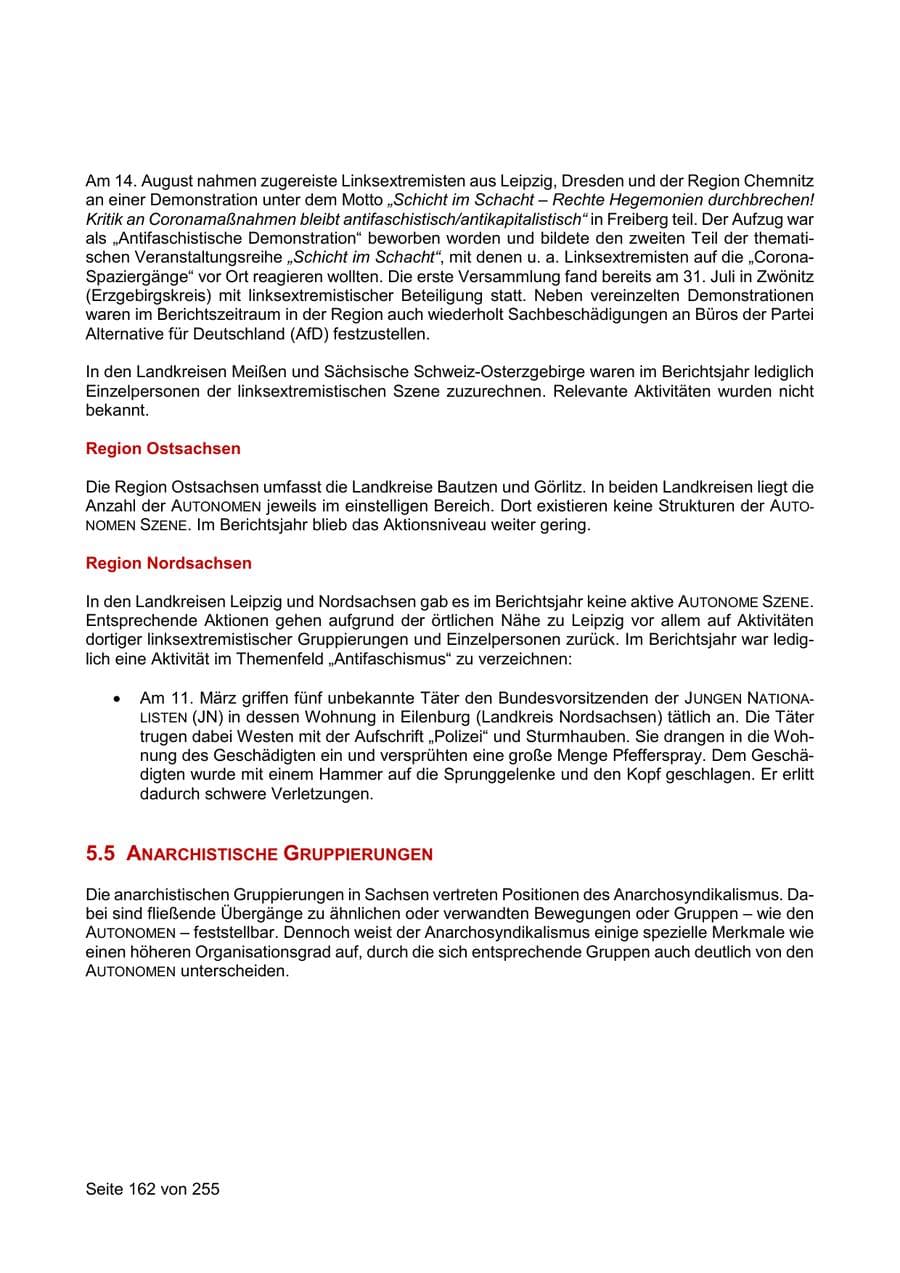 Seite 162 des Verfassungsschutzbericht 2021 Sachsen
