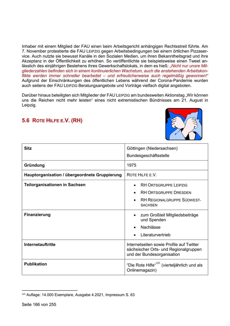 Seite 166 des Verfassungsschutzbericht 2021 Sachsen