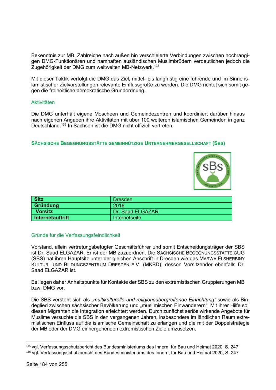 Seite 184 des Verfassungsschutzbericht 2021 Sachsen