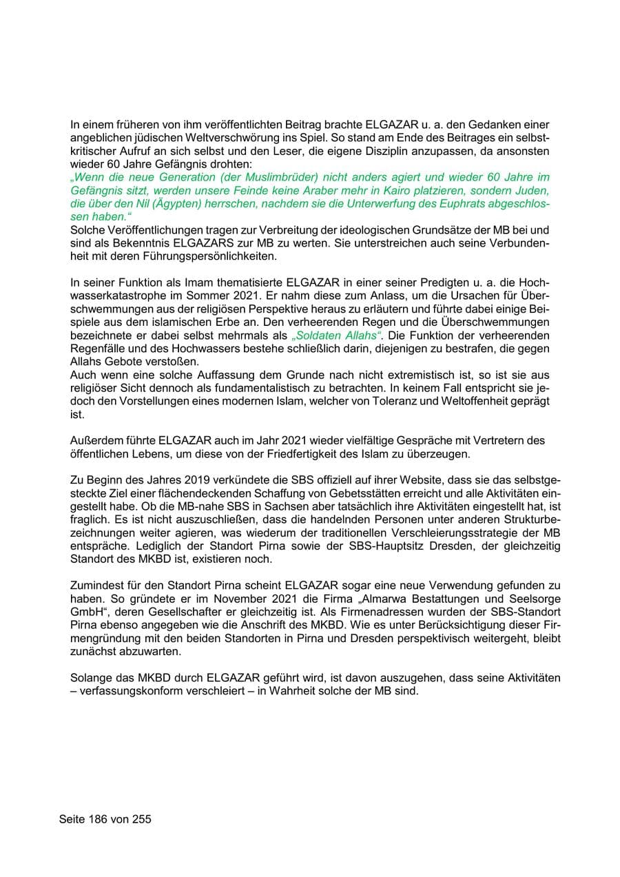 Seite 186 des Verfassungsschutzbericht 2021 Sachsen