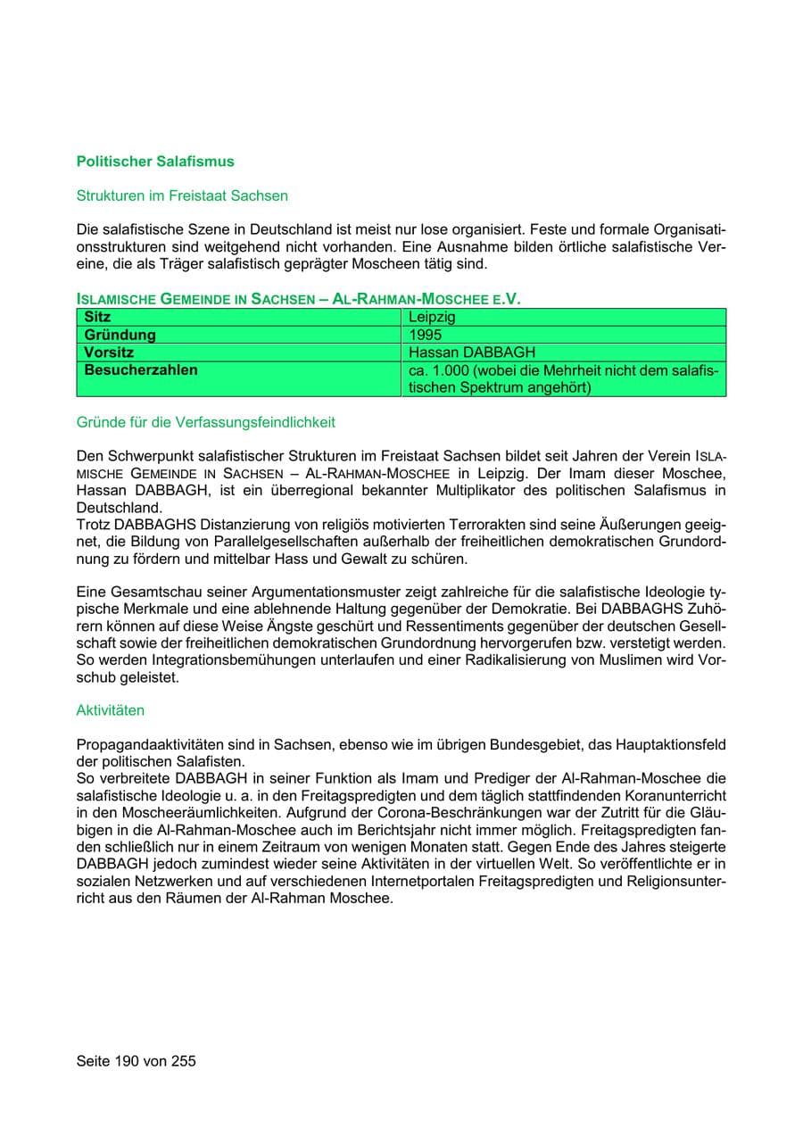 Seite 190 des Verfassungsschutzbericht 2021 Sachsen