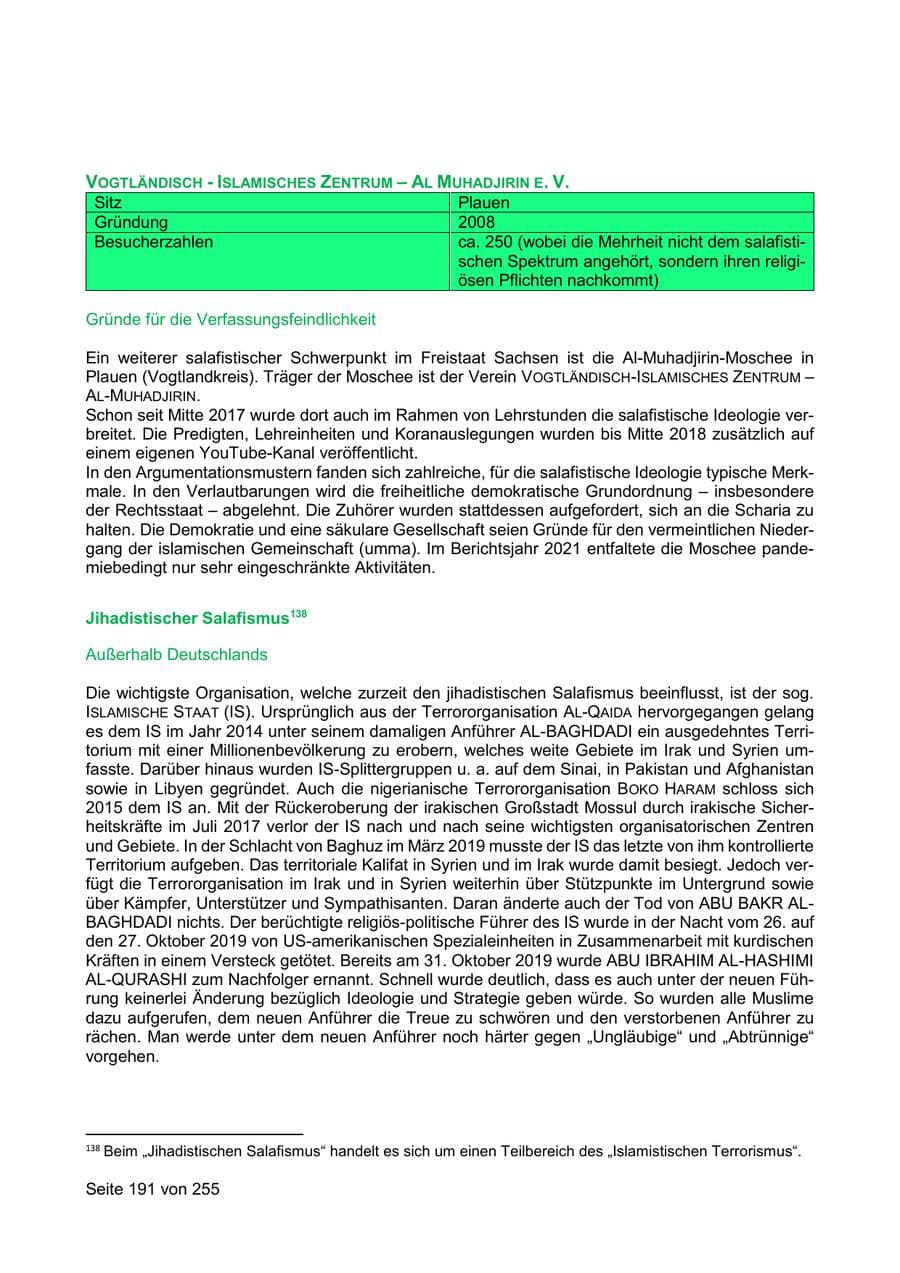 Seite 191 des Verfassungsschutzbericht 2021 Sachsen
