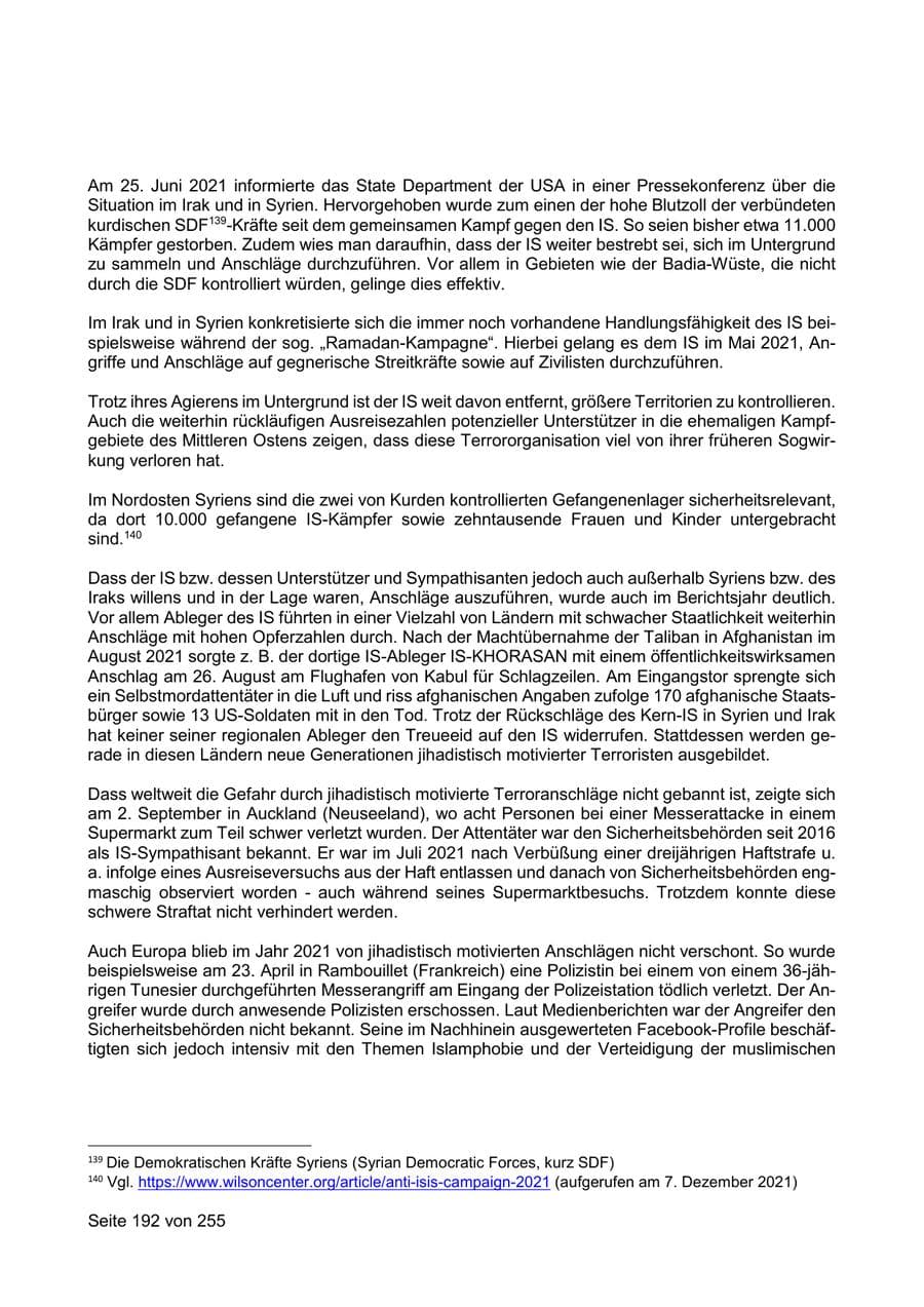 Seite 192 des Verfassungsschutzbericht 2021 Sachsen