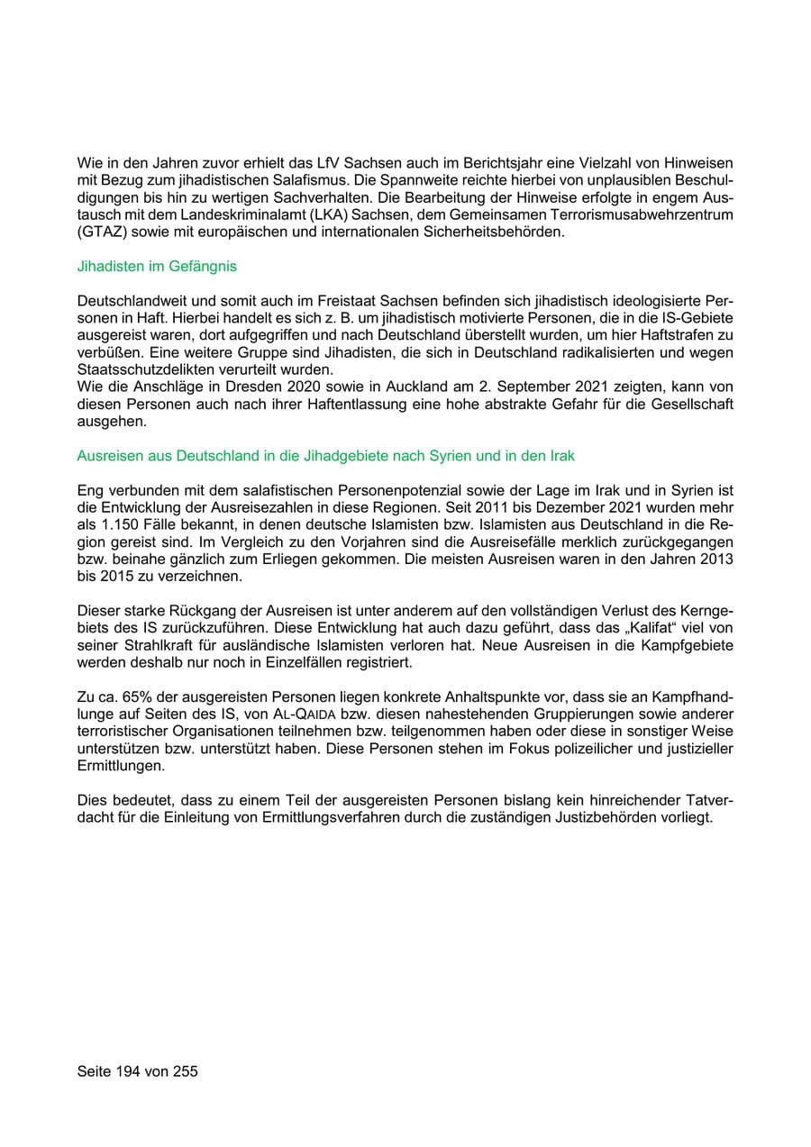Seite 194 des Verfassungsschutzbericht 2021 Sachsen