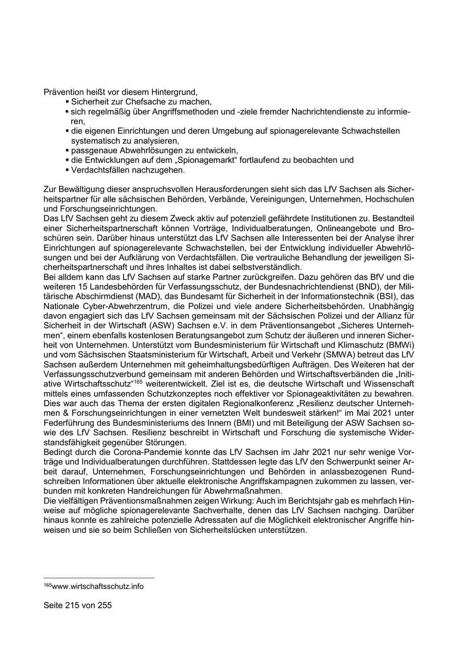 Seite 215 des Verfassungsschutzbericht 2021 Sachsen
