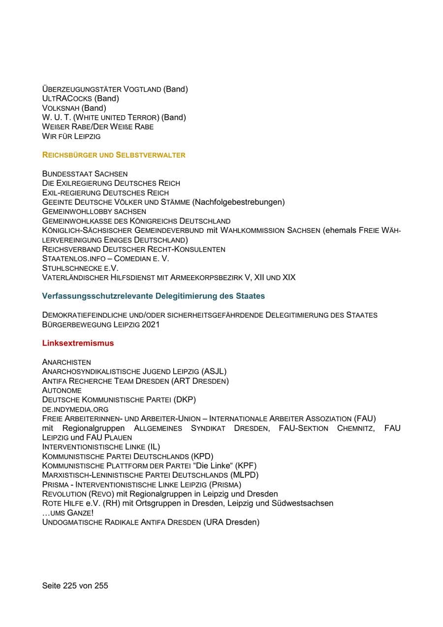 Seite 225 des Verfassungsschutzbericht 2021 Sachsen