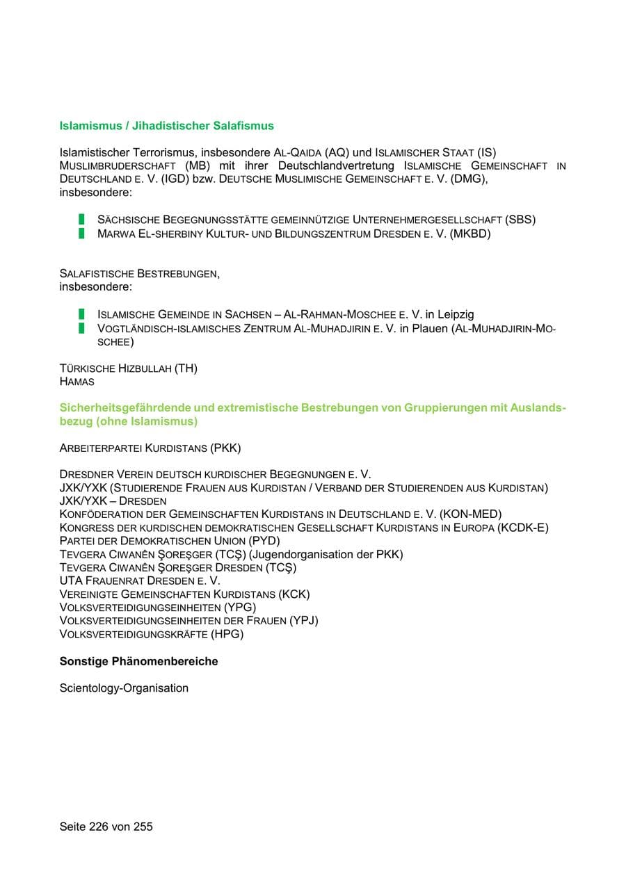 Seite 226 des Verfassungsschutzbericht 2021 Sachsen