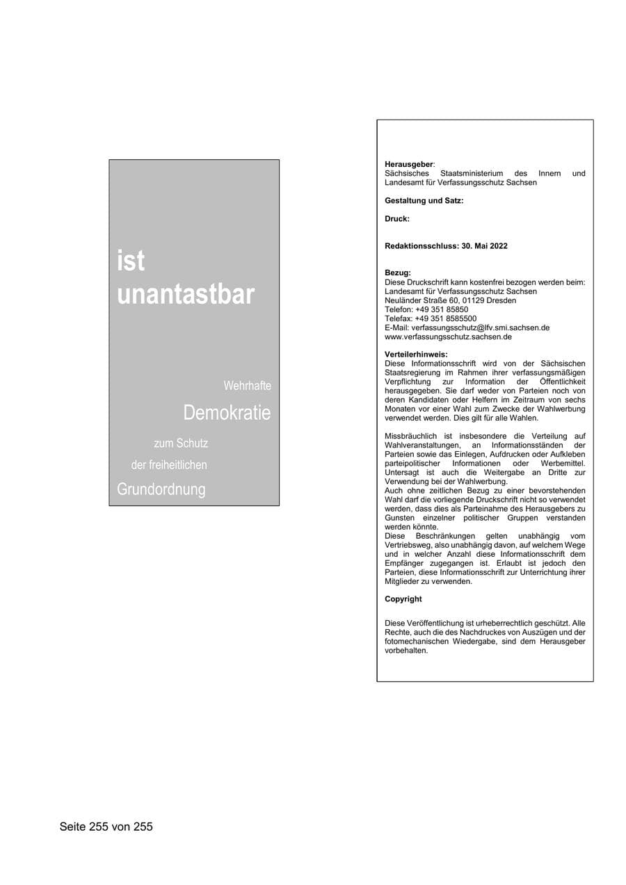 Seite 255 des Verfassungsschutzbericht 2021 Sachsen