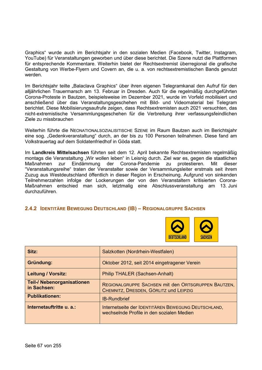 Seite 67 des Verfassungsschutzbericht 2021 Sachsen