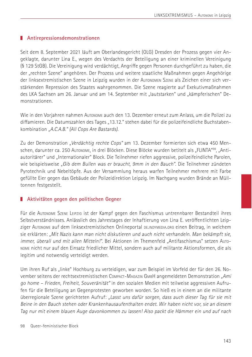 Seite 143 des Verfassungsschutzbericht 2022 Sachsen