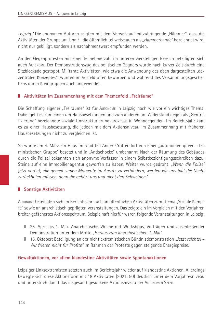 Seite 144 des Verfassungsschutzbericht 2022 Sachsen