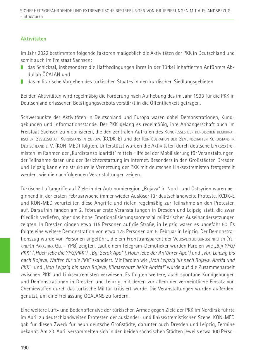 Seite 190 des Verfassungsschutzbericht 2022 Sachsen
