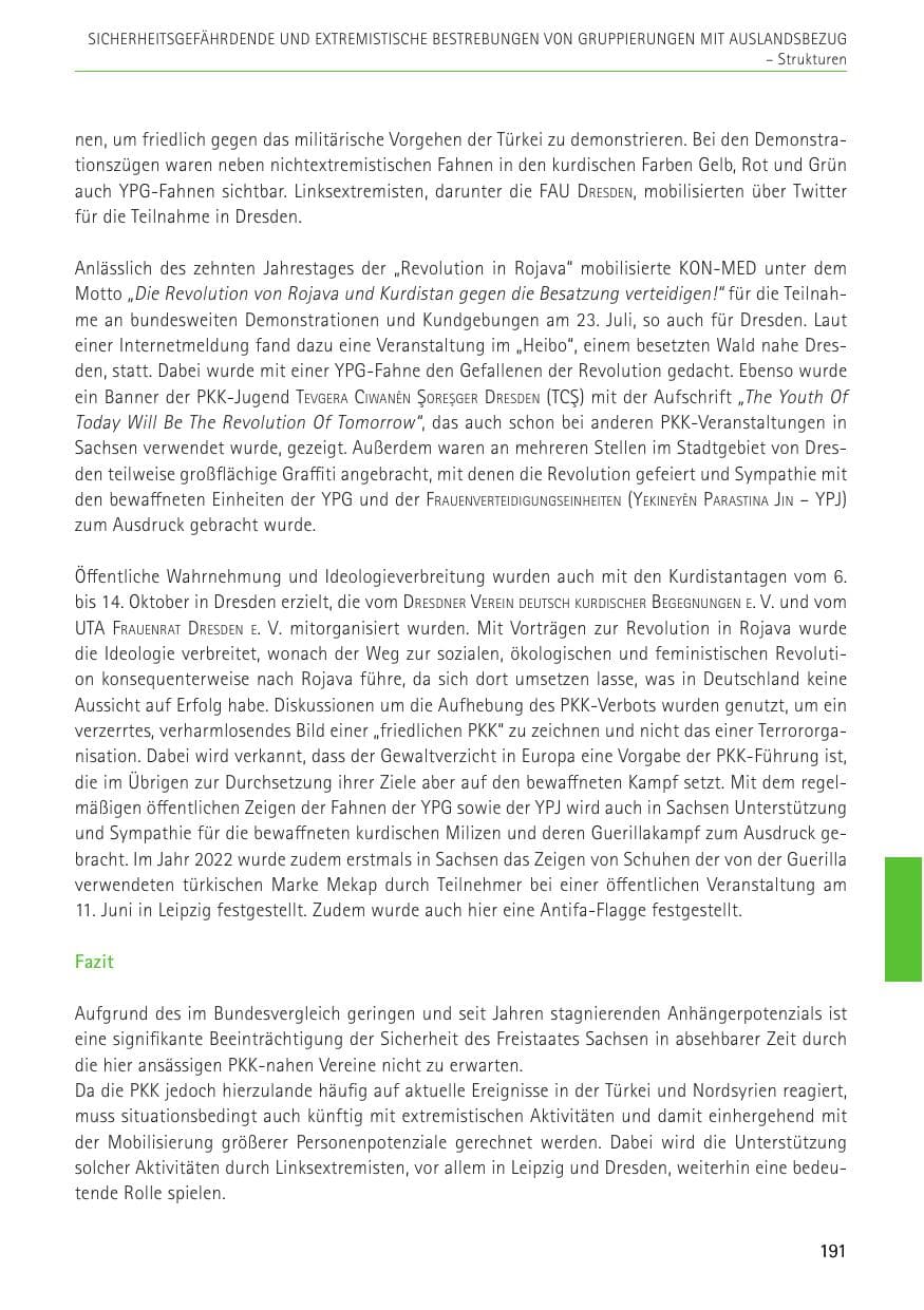 Seite 191 des Verfassungsschutzbericht 2022 Sachsen