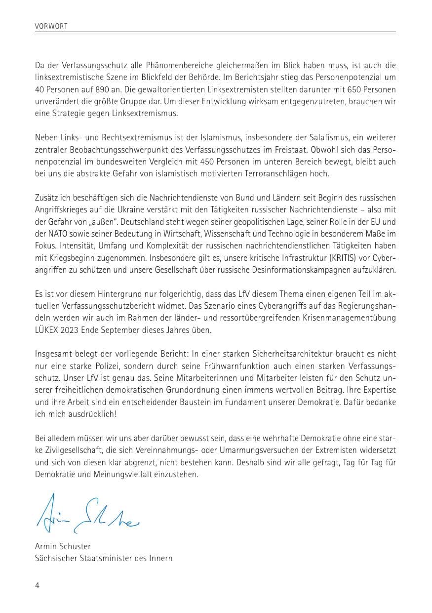 Seite 4 des Verfassungsschutzbericht 2022 Sachsen