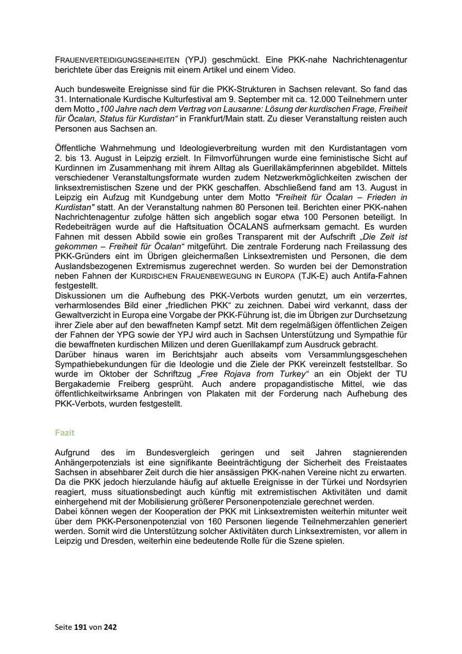 Seite 191 des Verfassungsschutzbericht 2023 Sachsen