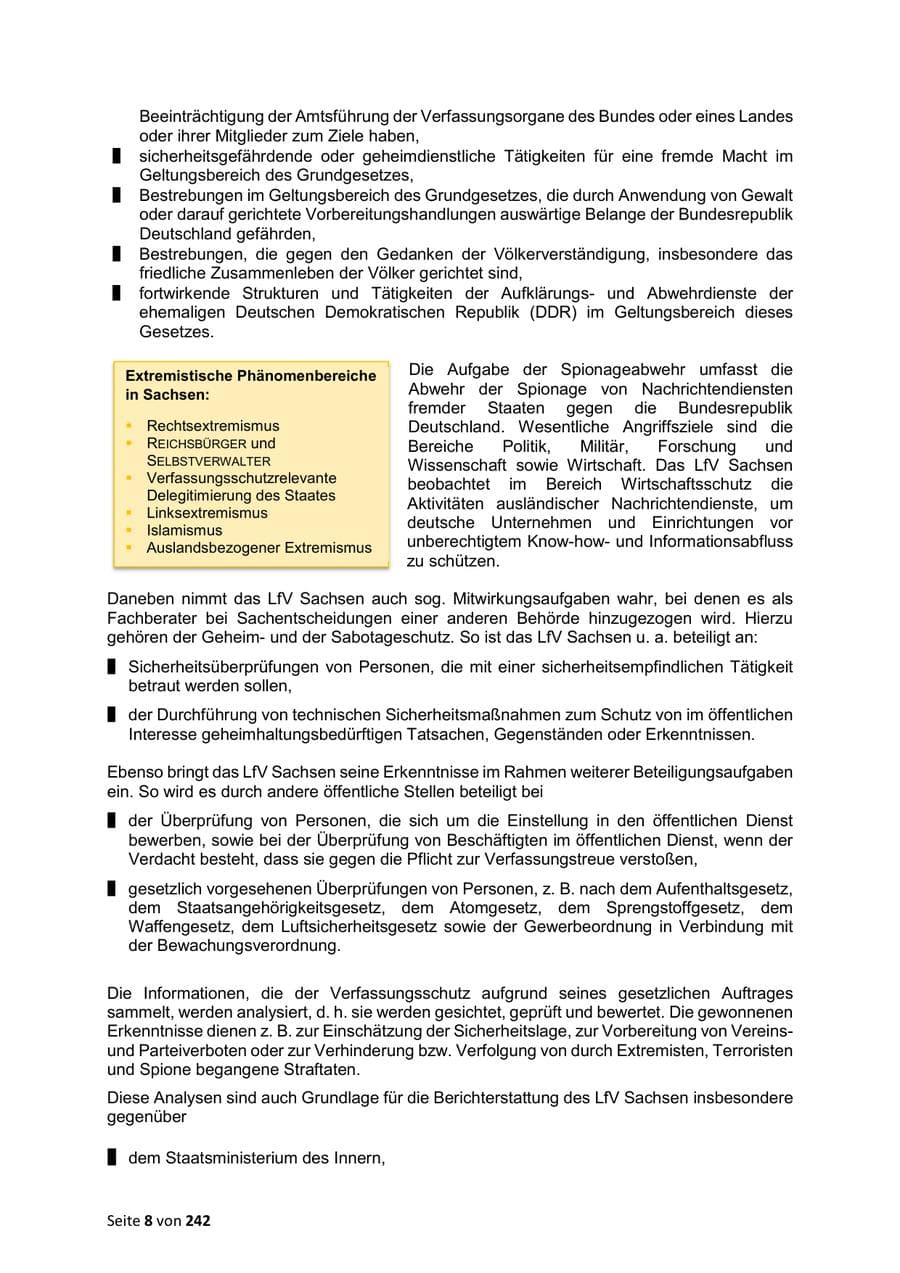 Seite 8 des Verfassungsschutzbericht 2023 Sachsen