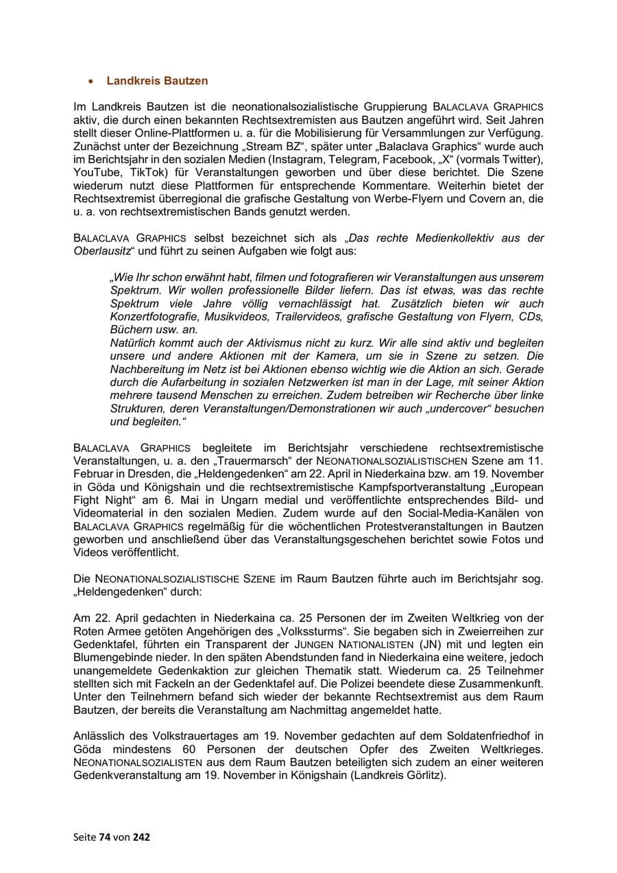 Seite 74 des Verfassungsschutzbericht 2023 Sachsen
