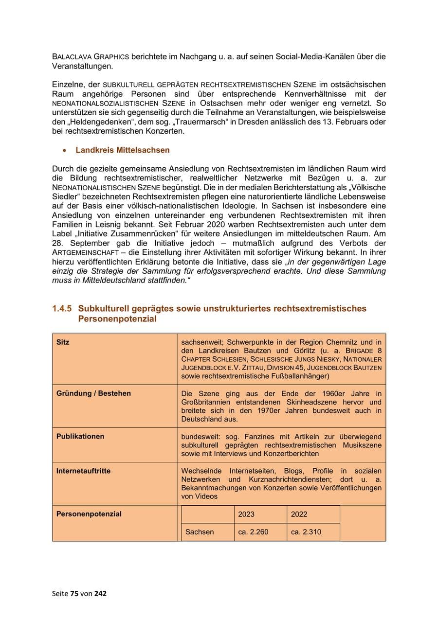 Seite 75 des Verfassungsschutzbericht 2023 Sachsen