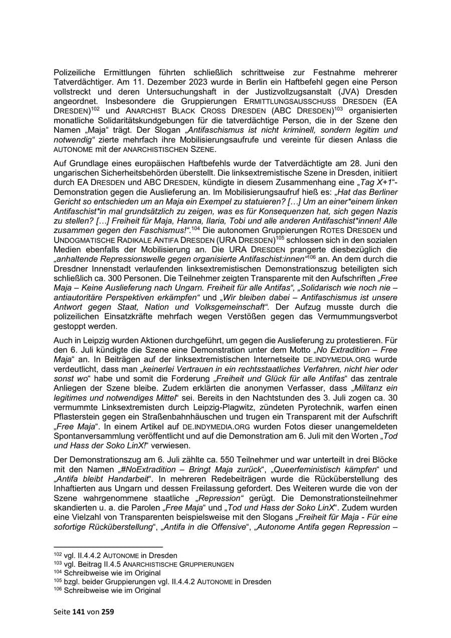 Seite 141 des Verfassungsschutzbericht 2024 Sachsen