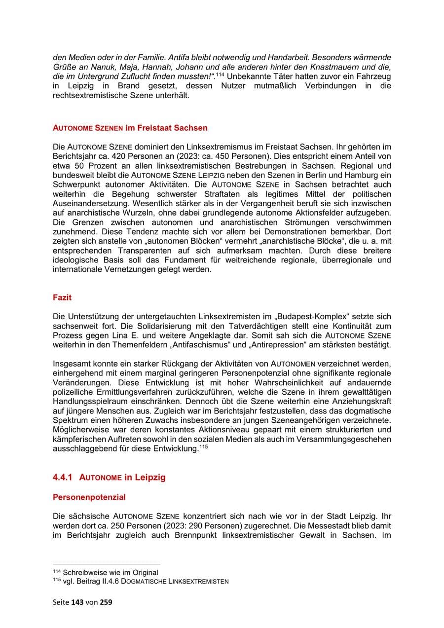 Seite 143 des Verfassungsschutzbericht 2024 Sachsen