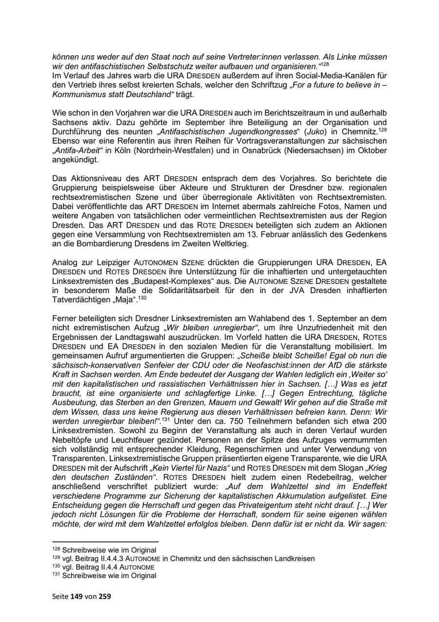 Seite 149 des Verfassungsschutzbericht 2024 Sachsen