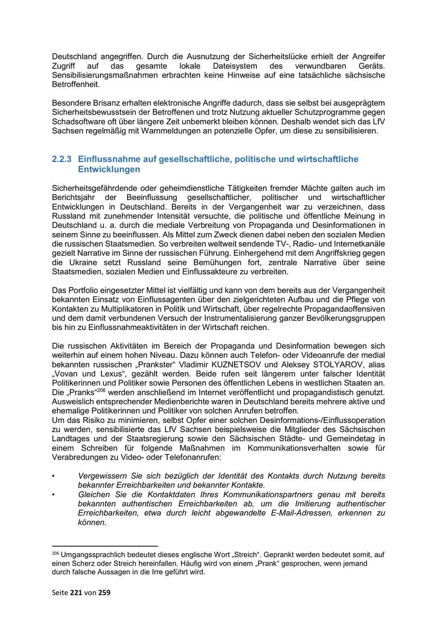 Seite 221 des Verfassungsschutzbericht 2024 Sachsen