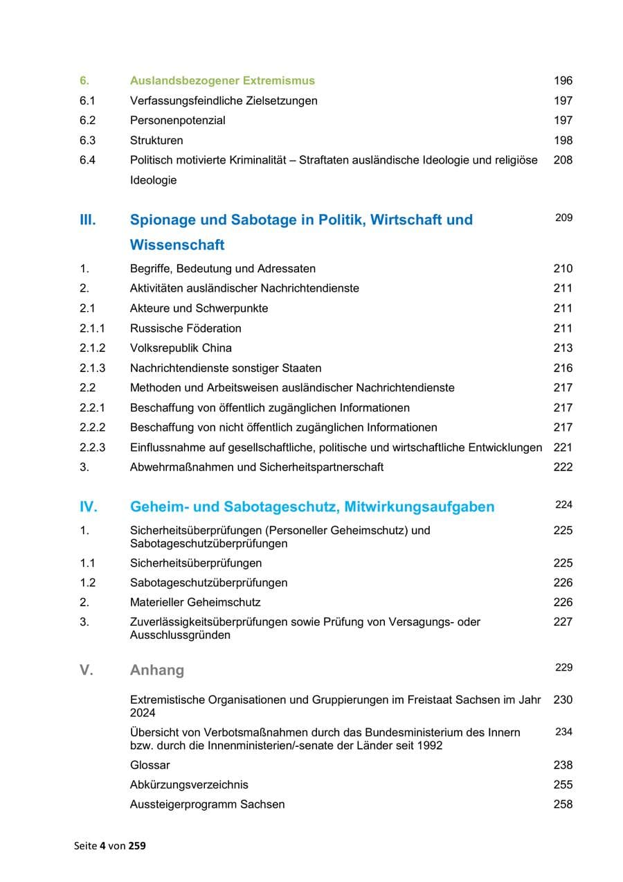 Seite 4 des Verfassungsschutzbericht 2024 Sachsen