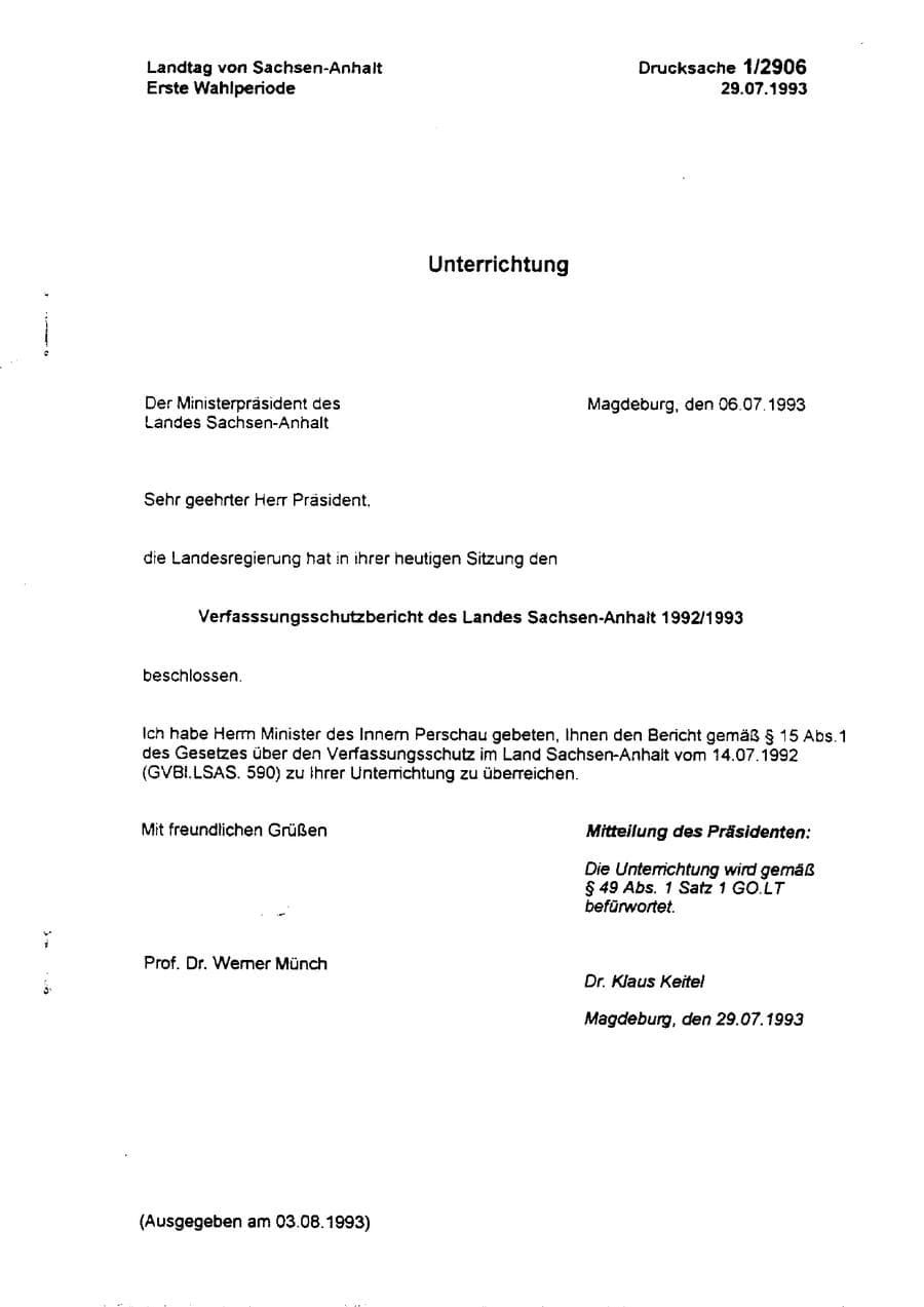 Seite 1 des Verfassungsschutzbericht 1992 Sachsen-Anhalt