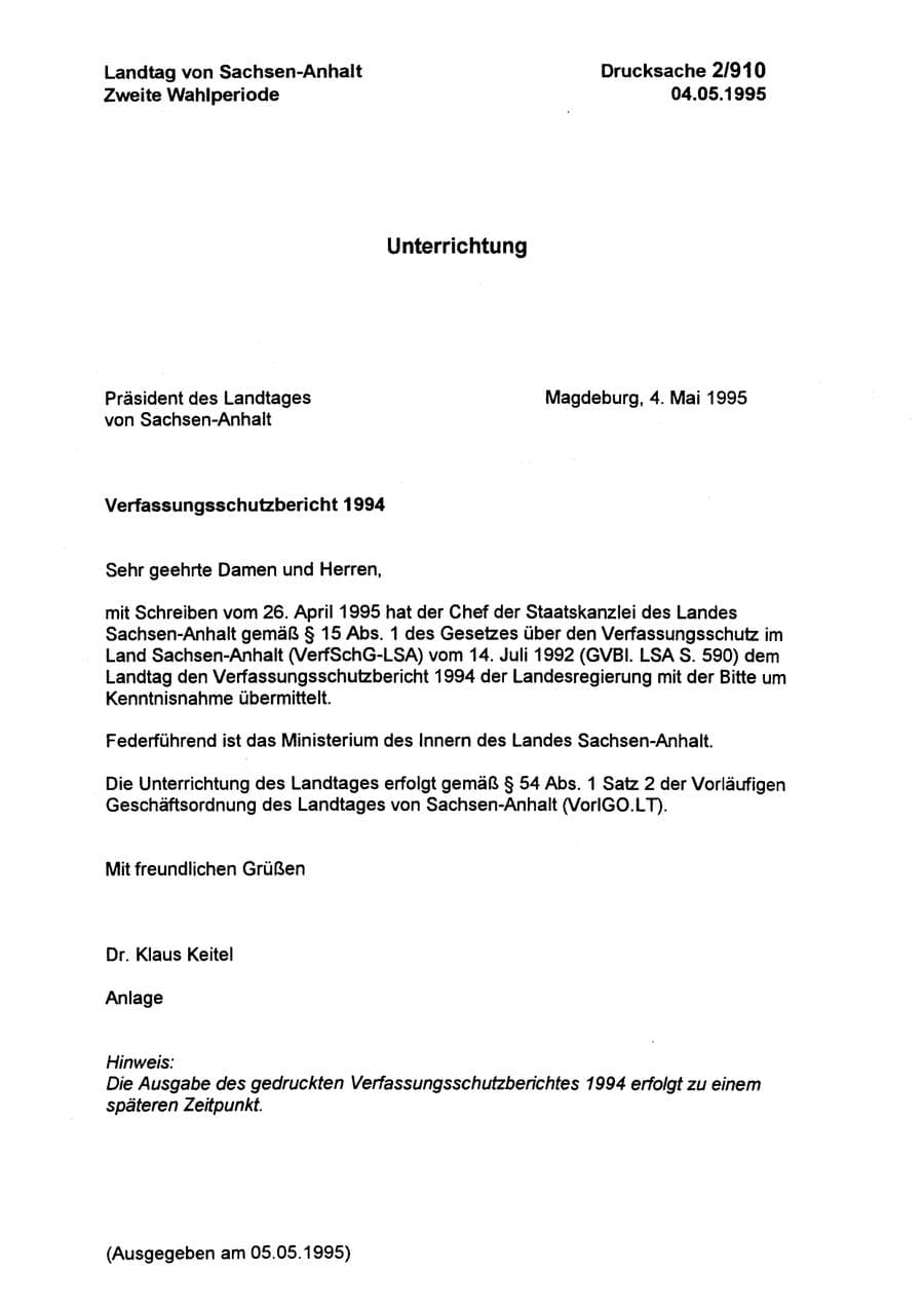 Seite 1 des Verfassungsschutzbericht 1994 Sachsen-Anhalt