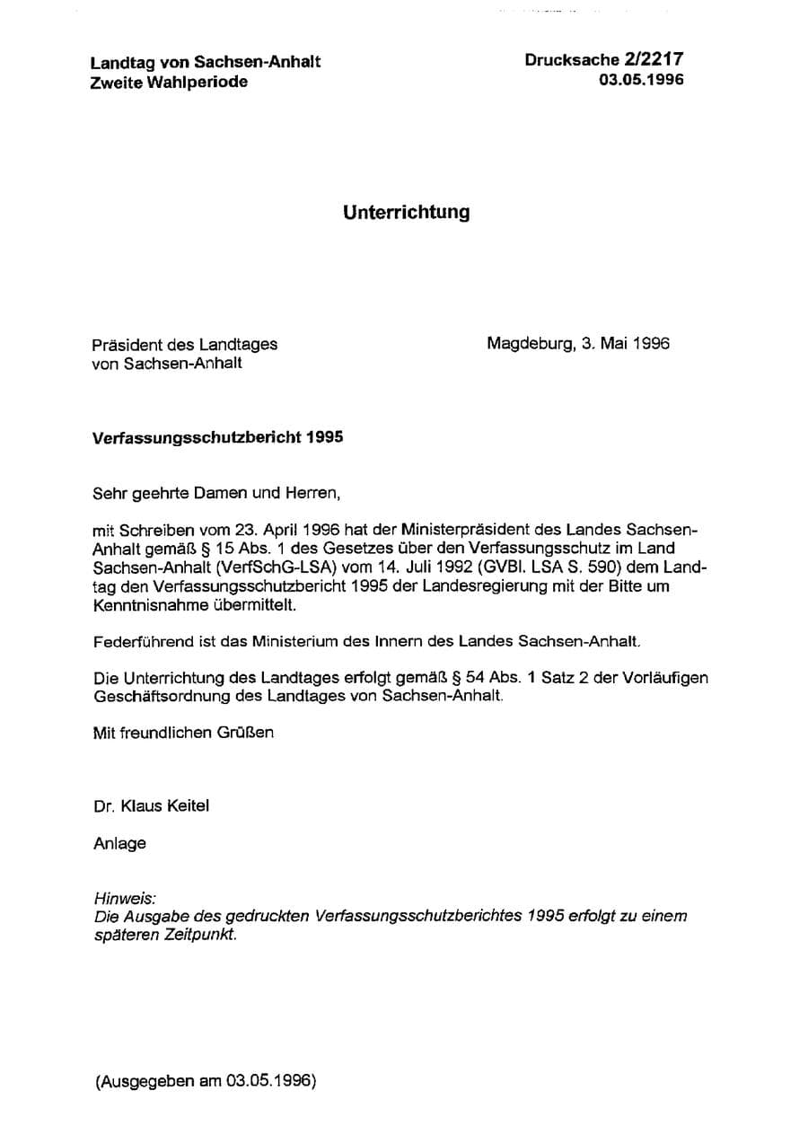 Seite 1 des Verfassungsschutzbericht 1995 Sachsen-Anhalt