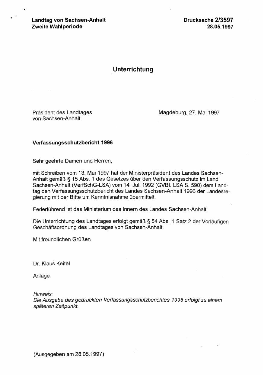 Seite 1 des Verfassungsschutzbericht 1996 Sachsen-Anhalt