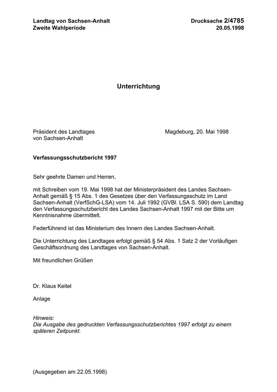 Seite 1 des Verfassungsschutzbericht 1997 Sachsen-Anhalt