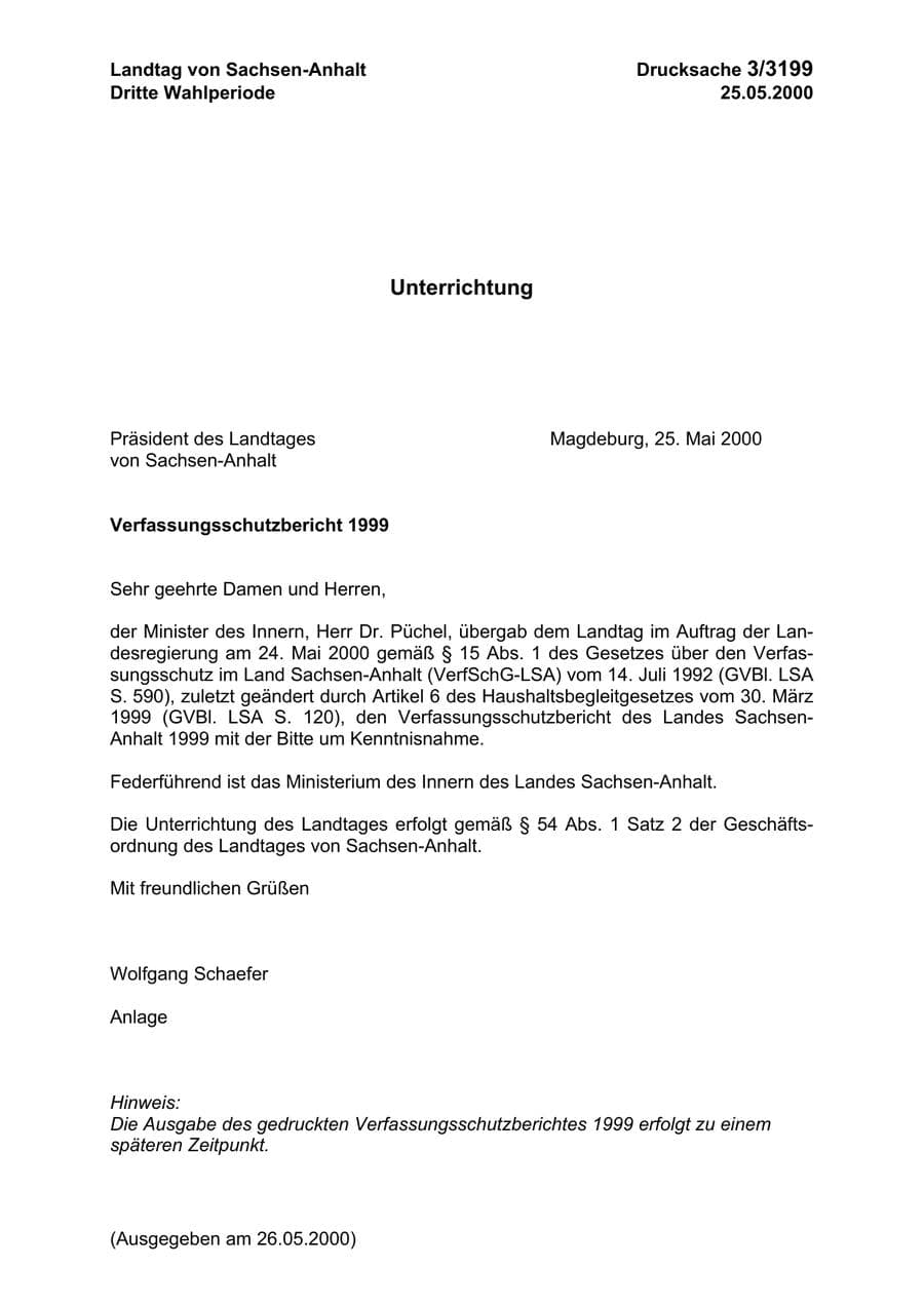 Seite 1 des Verfassungsschutzbericht 1999 Sachsen-Anhalt
