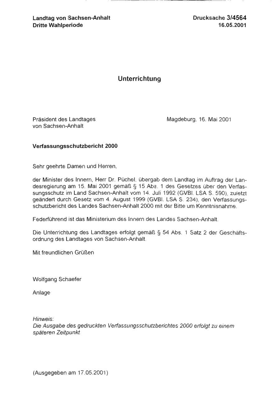 Seite 1 des Verfassungsschutzbericht 2000 Sachsen-Anhalt